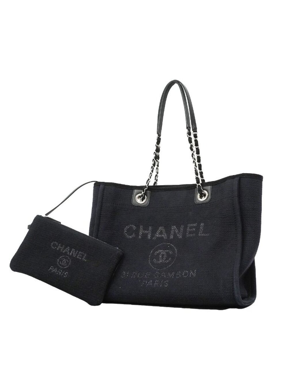 Chanel Chain Tote Bag Deauville Canvas Black Silver